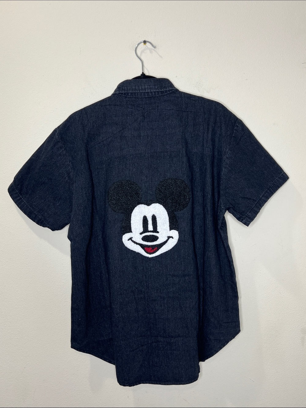 Women’s Oversized Short Sleeve Denim Shirt Mickey Mouse Black Wash - Picture 3 of 4